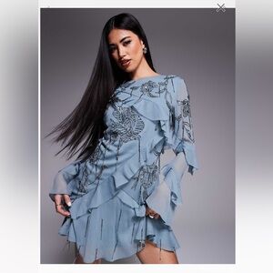 ASOS Blue Ruffle Dress with Beaded Detail